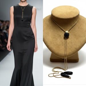 Vintage Trifari Gold Tone Black Lucite Y Lariat Necklace 1970s Modernist Jewelry